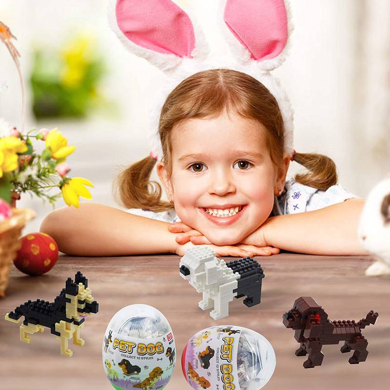 12 Pcs Pre Filled Easter Basket Stuffer Party Favors Hunt Mini Dog Plastic Toy Inside Building Block Surprise Egg
